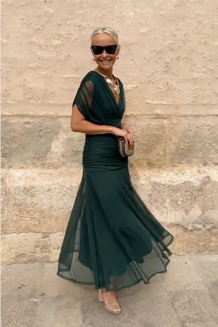 Zara | Polished V-Neck Pleated Autumn Wedding Guest Maxi Dress