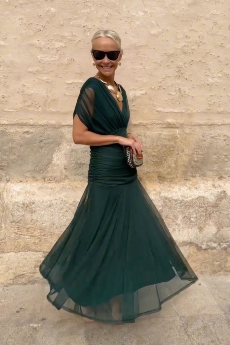 Zara | Polished V-Neck Pleated Autumn Wedding Guest Maxi Dress