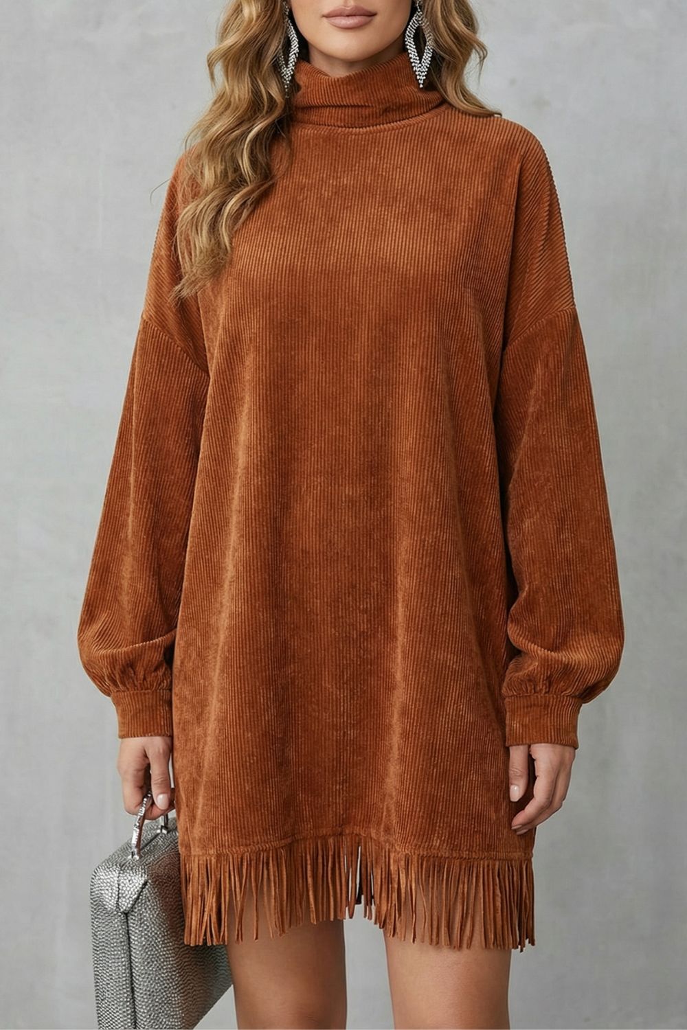 Zara | Timeless Ribbed Fringe Turtleneck Jumper Dress